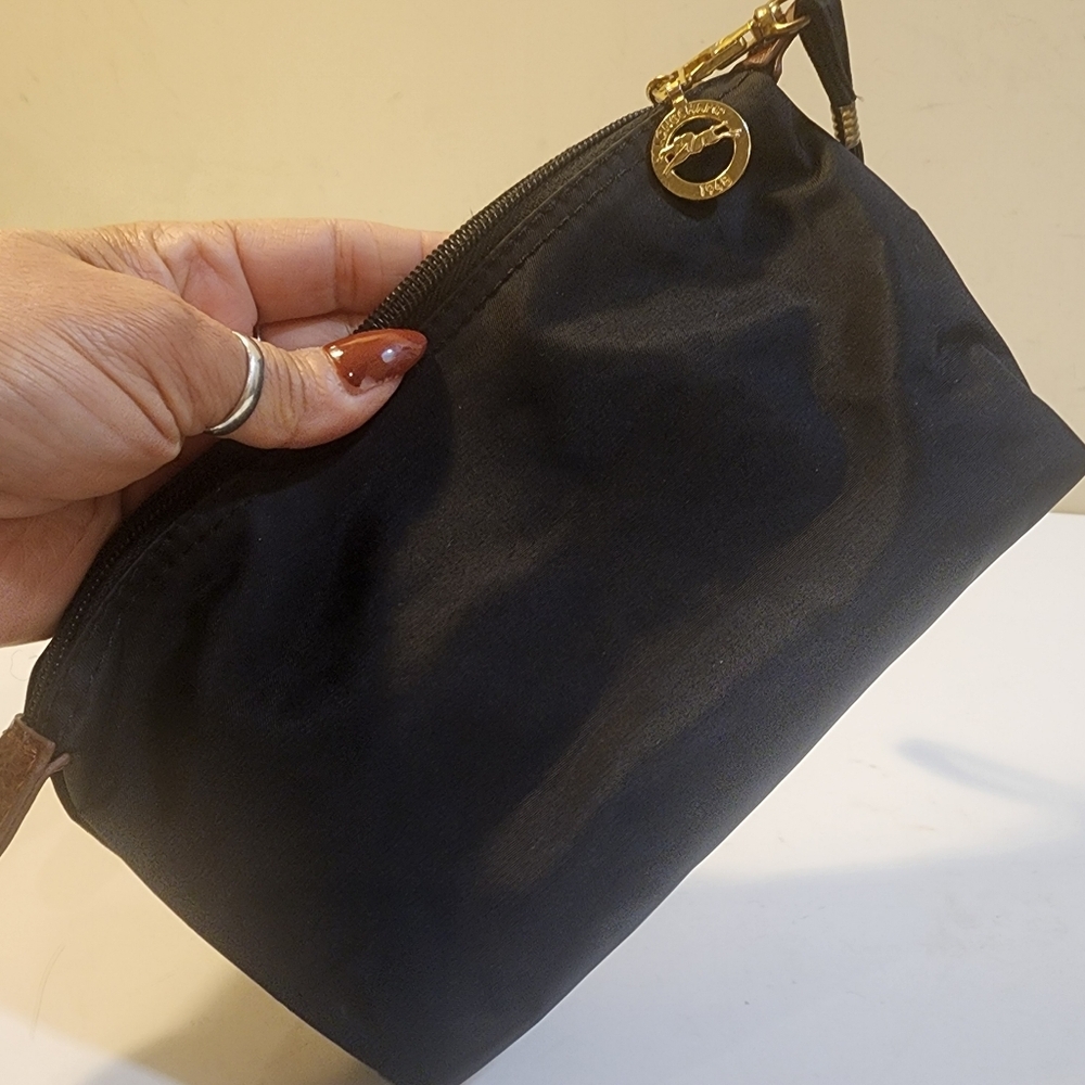 Black Nylon Cosmetic Pouch with Brown Leather Trim - Picture 7 of 10